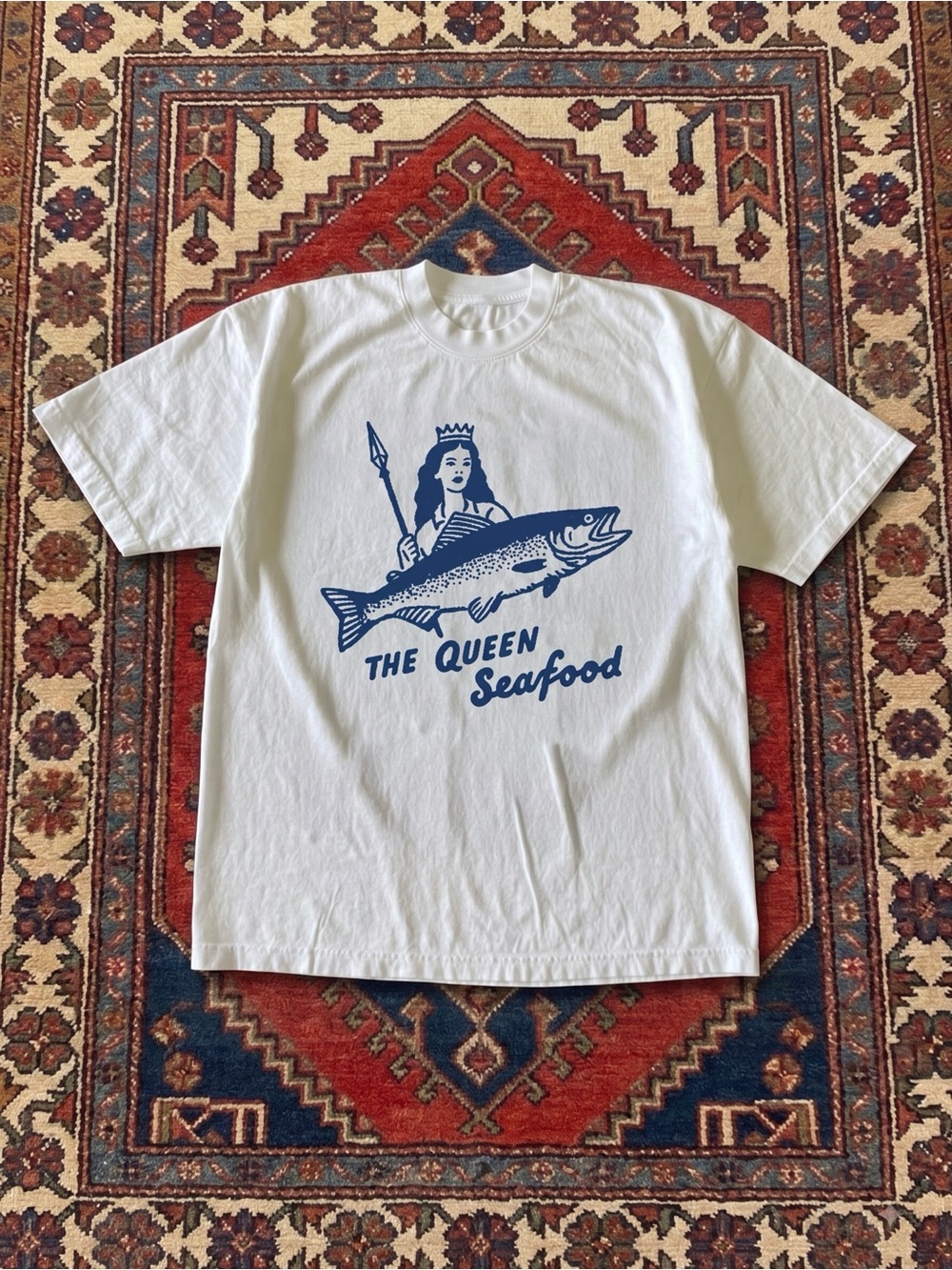 Gildan White Tee with Blue Seafood Queen Graphic